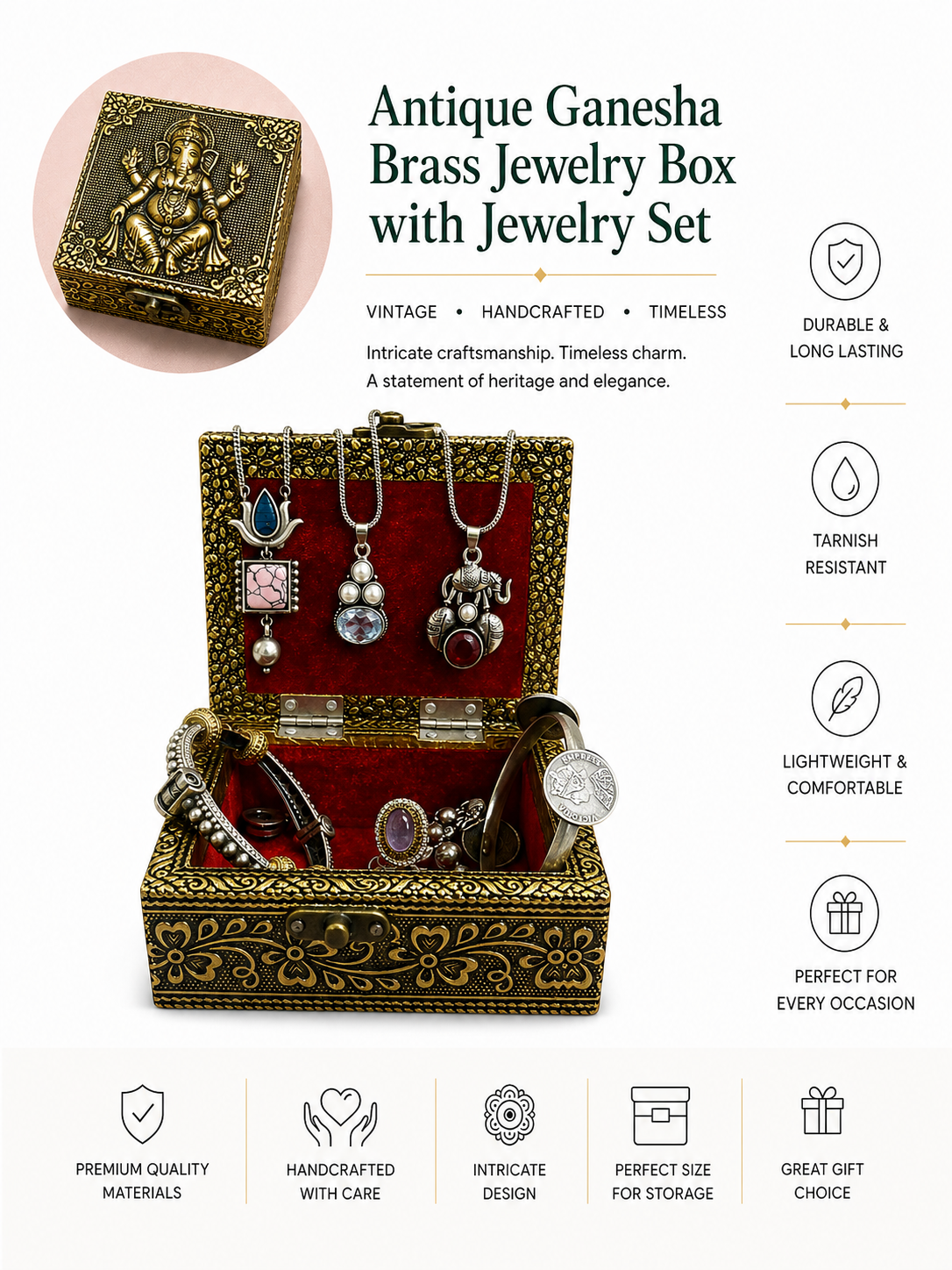 Antique Ganesha Brass Jewelry Box + 10 Pieces of Antique Jewellery