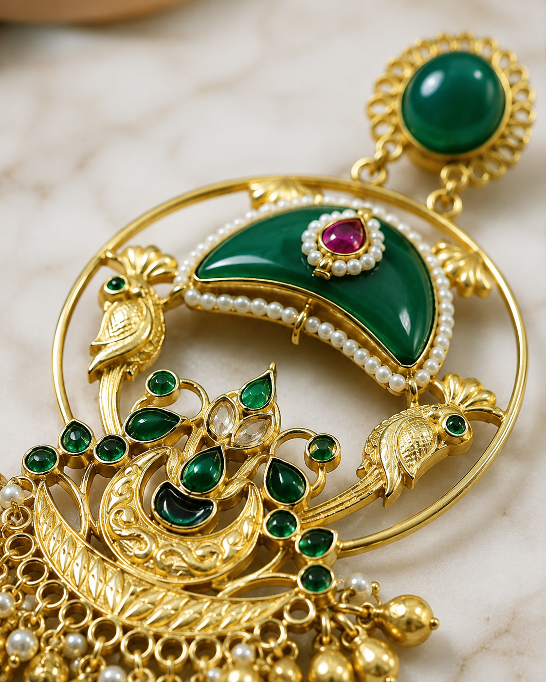 Model wearing Emerald Peacock Chandbali Earrings