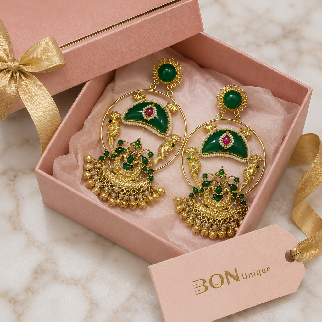 Emerald Peacock Chandbali Earrings in BON Unique gift box