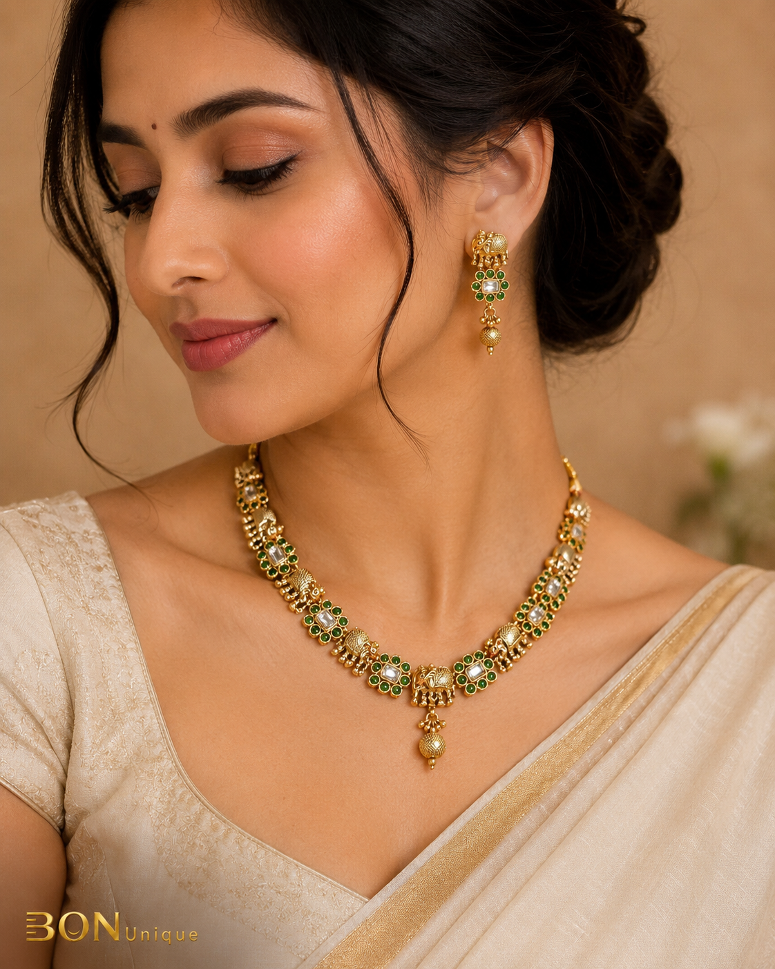 Elephant motif kundan necklace set presented in BON Unique signature gift box