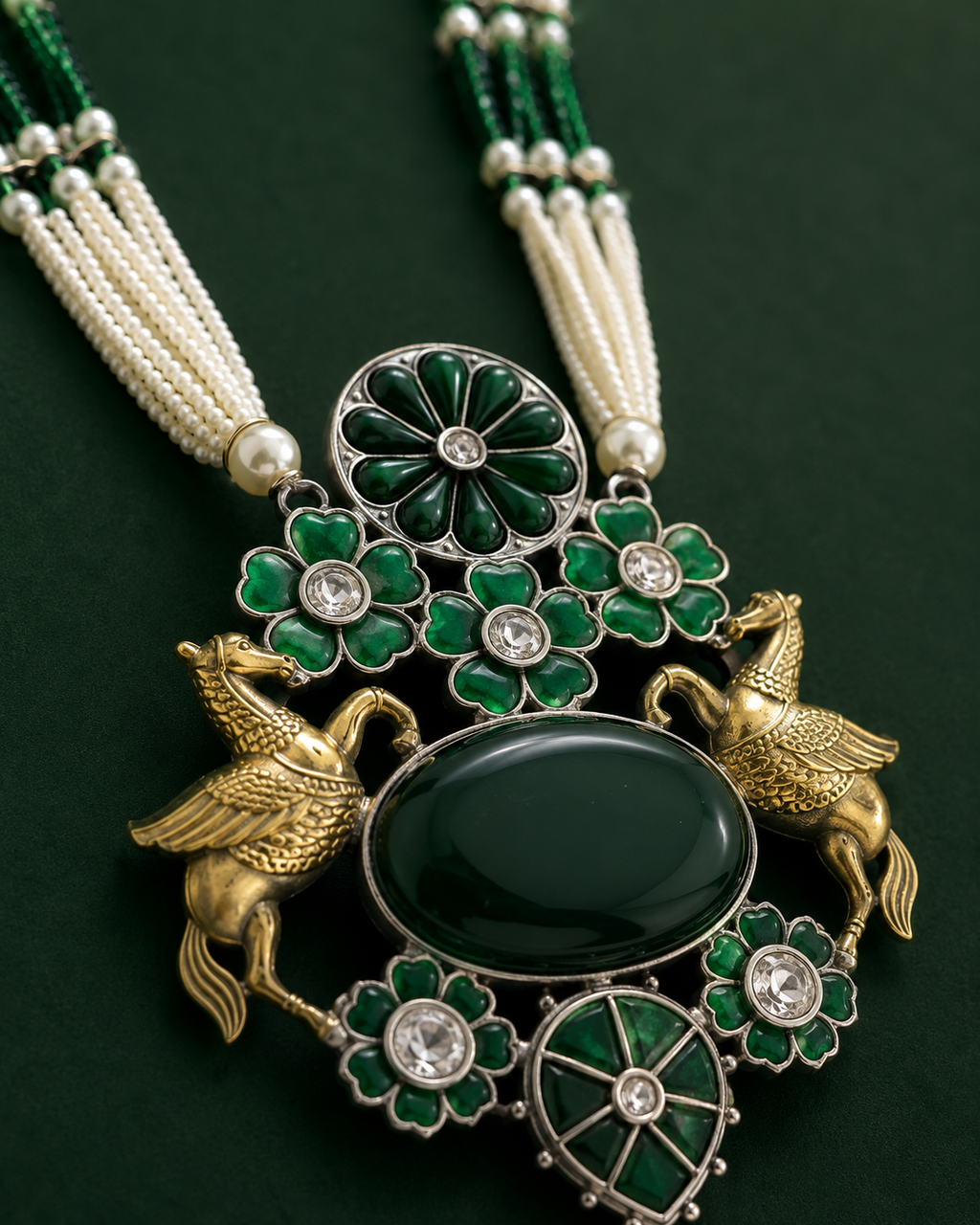 Close-up of dual Pegasus pendant with green enamel flowers, emerald cabochon and polki stones on dark green background