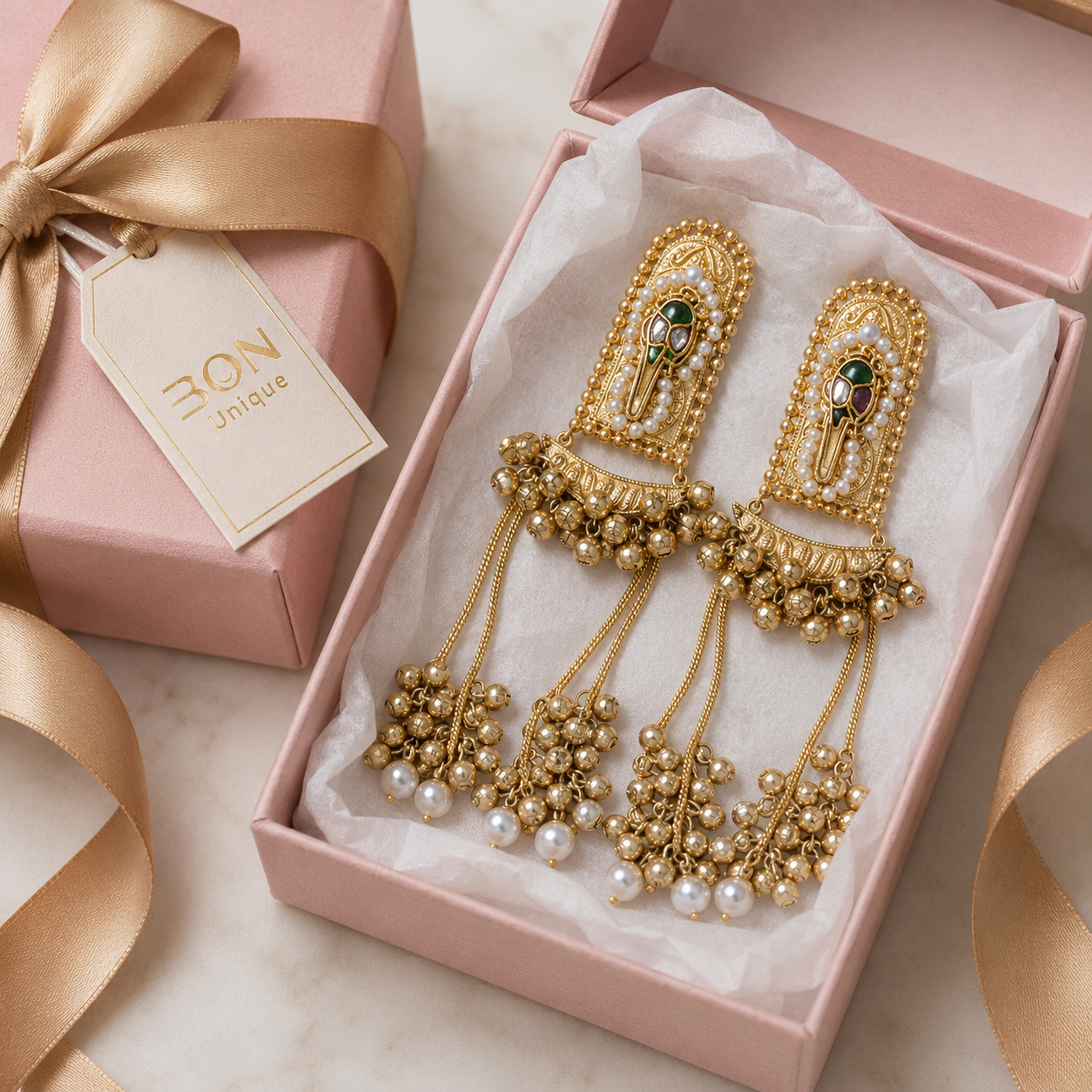 Model wearing Gold Arch Ghungroo Drop Earrings