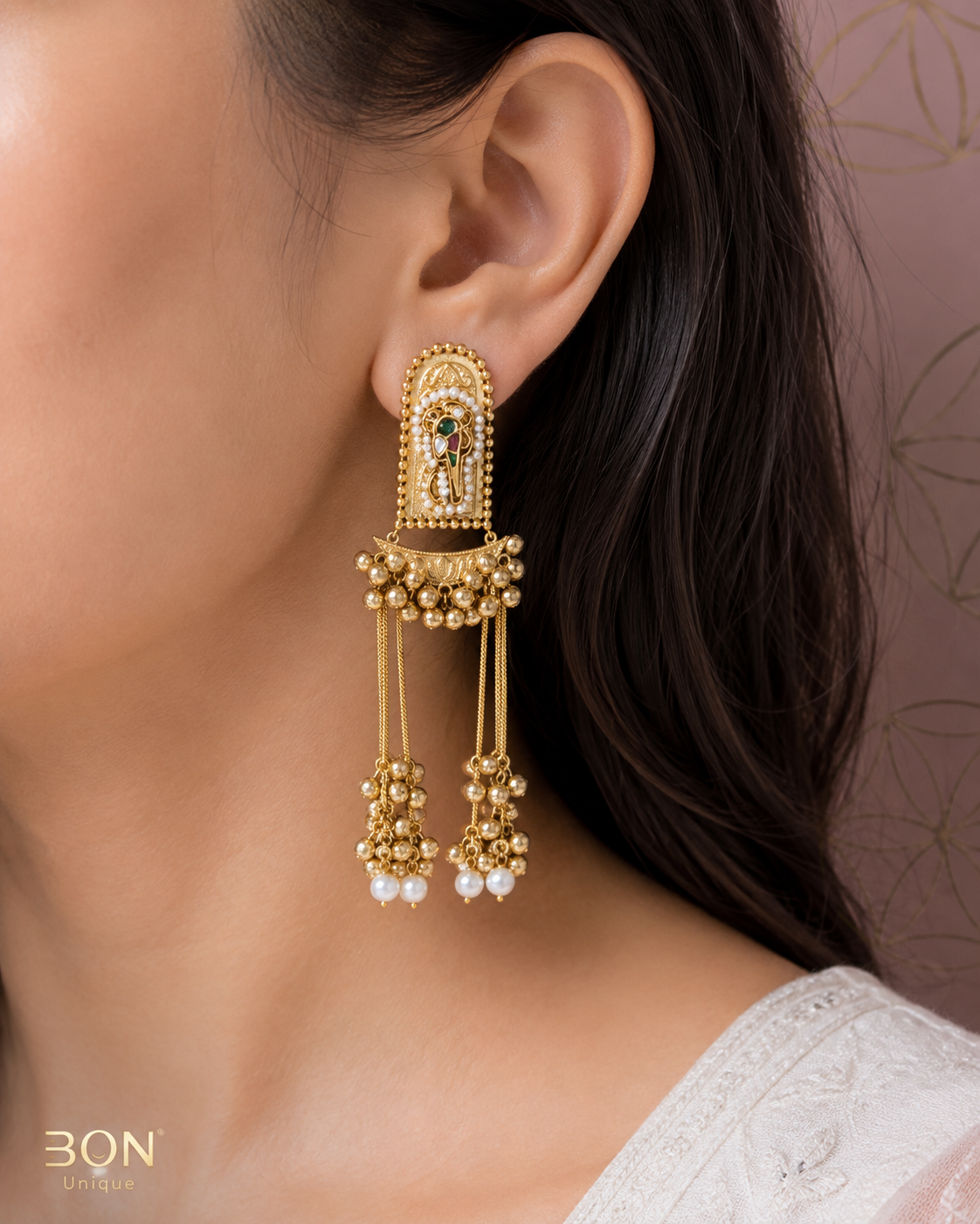 Gold Arch Ghungroo Drop Earrings pair flat lay