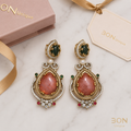 Rhodonite & Emerald Royal Drop Earrings flat lay with BON Unique gift box