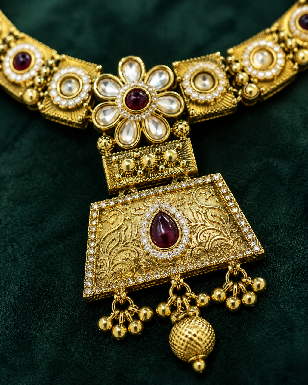 Full set view of antique gold kundan necklace with ruby stones and jhumka earrings on dark green background