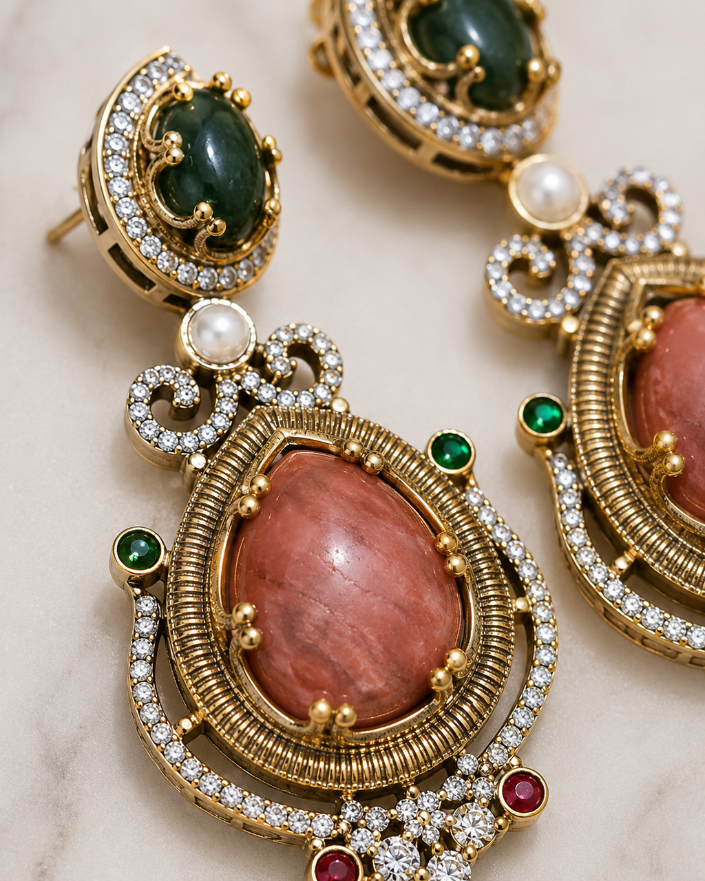 Rhodonite & Emerald Royal Drop Earrings close-up detail