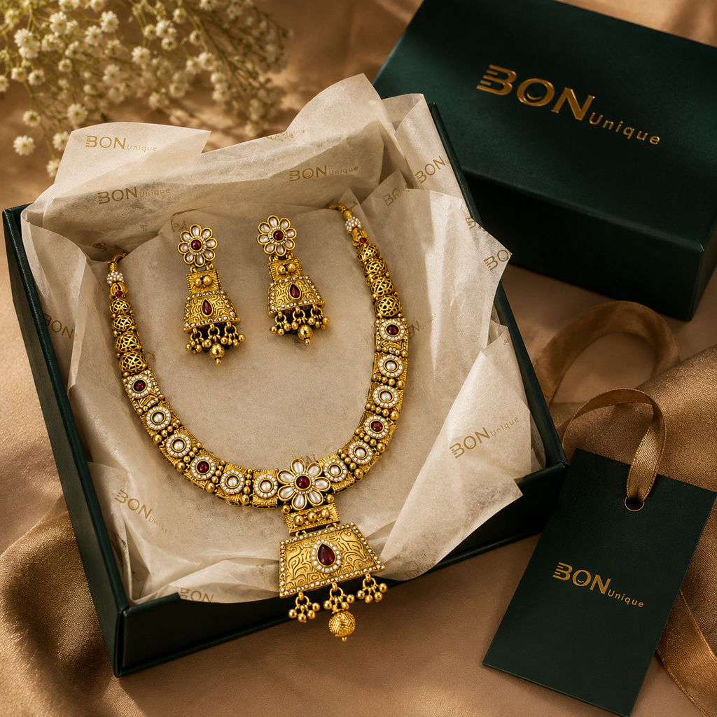 Antique gold kundan necklace set with jhumka earrings in BON Unique signature gift box