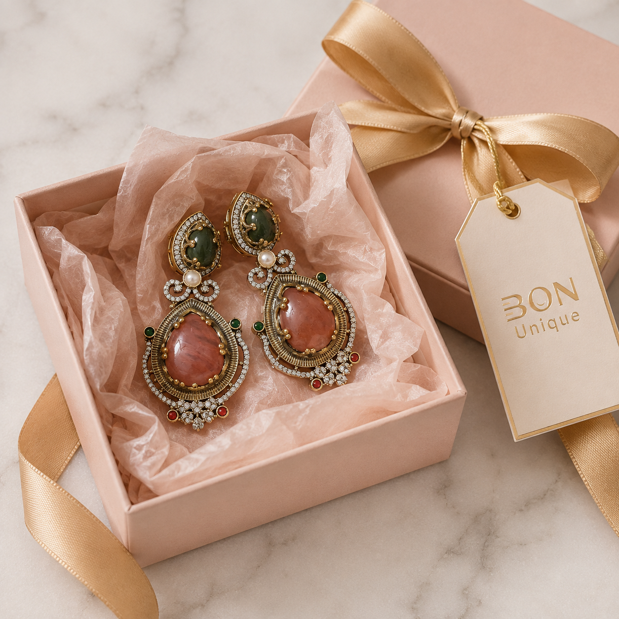 Rhodonite & Emerald Royal Drop Earrings in BON Unique gift box