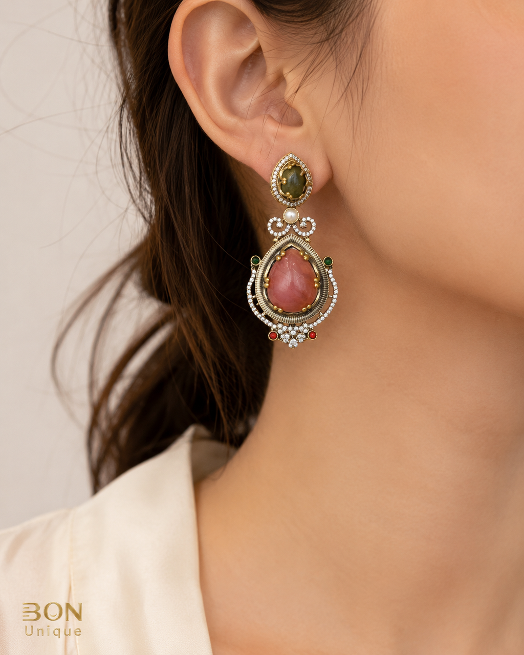 Model wearing Rhodonite & Emerald Royal Drop Earrings