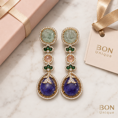 Amethyst & Aquamarine Cascade Drop Earrings flat lay with BON Unique gift box