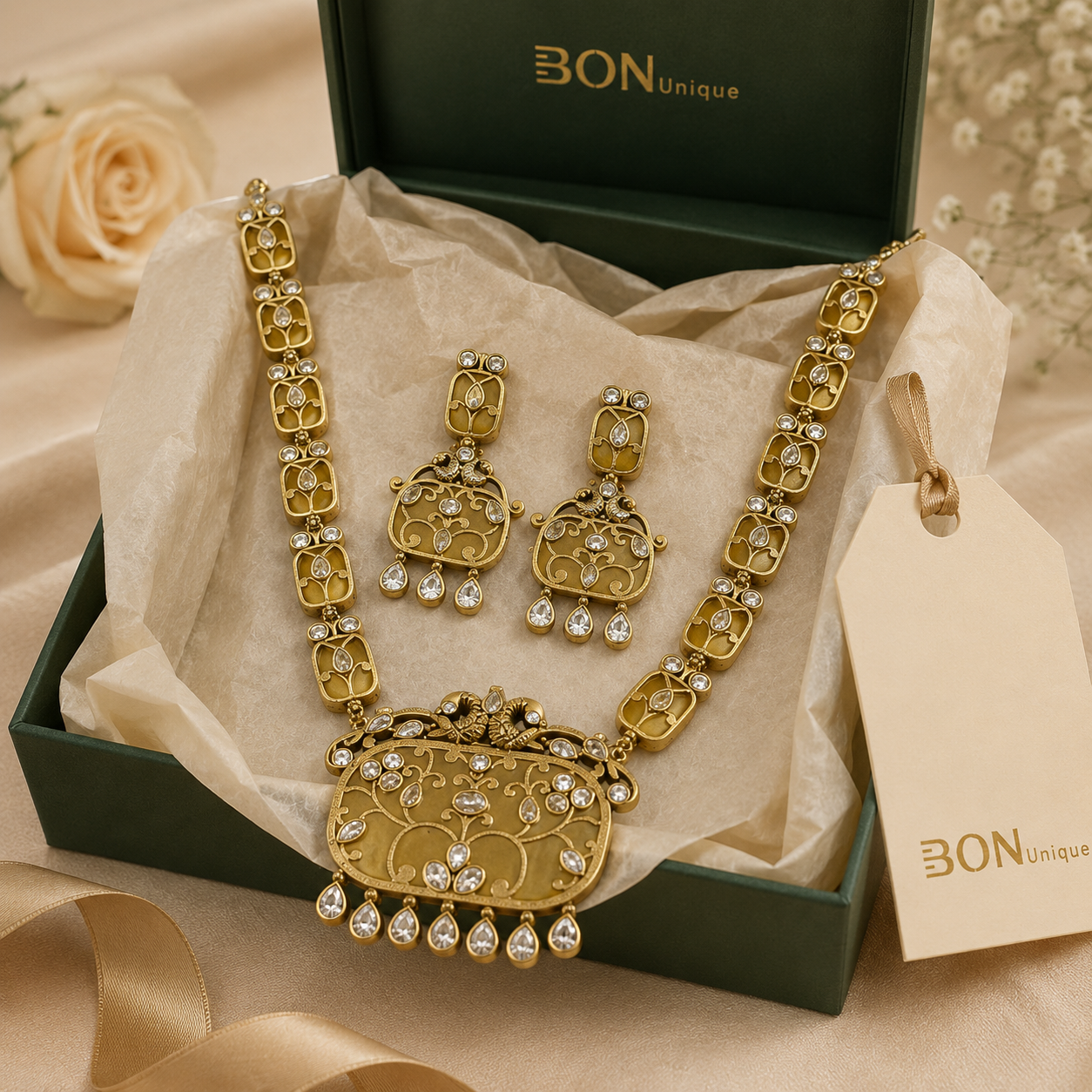 Antique gold peacock kundan long necklace set with chandelier earrings in BON Unique gift box
