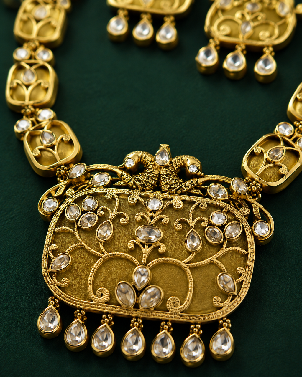 Close-up of antique gold peacock pendant with polki stones and scrollwork detailing