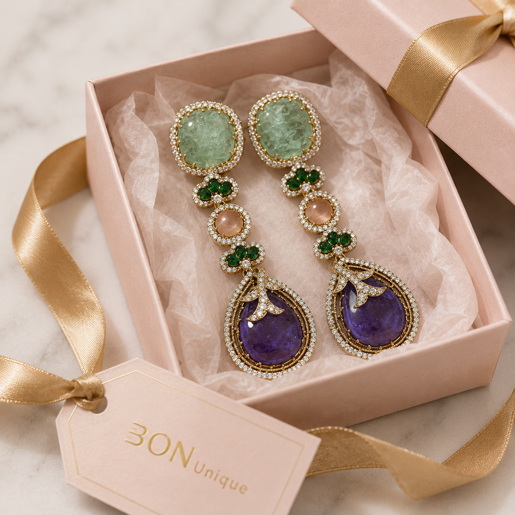 Amethyst & Aquamarine Cascade Drop Earrings in BON Unique gift box