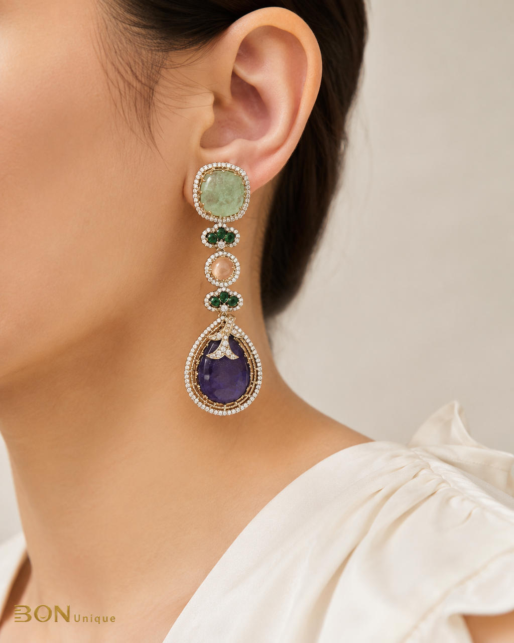 Model wearing Amethyst & Aquamarine Cascade Drop Earrings