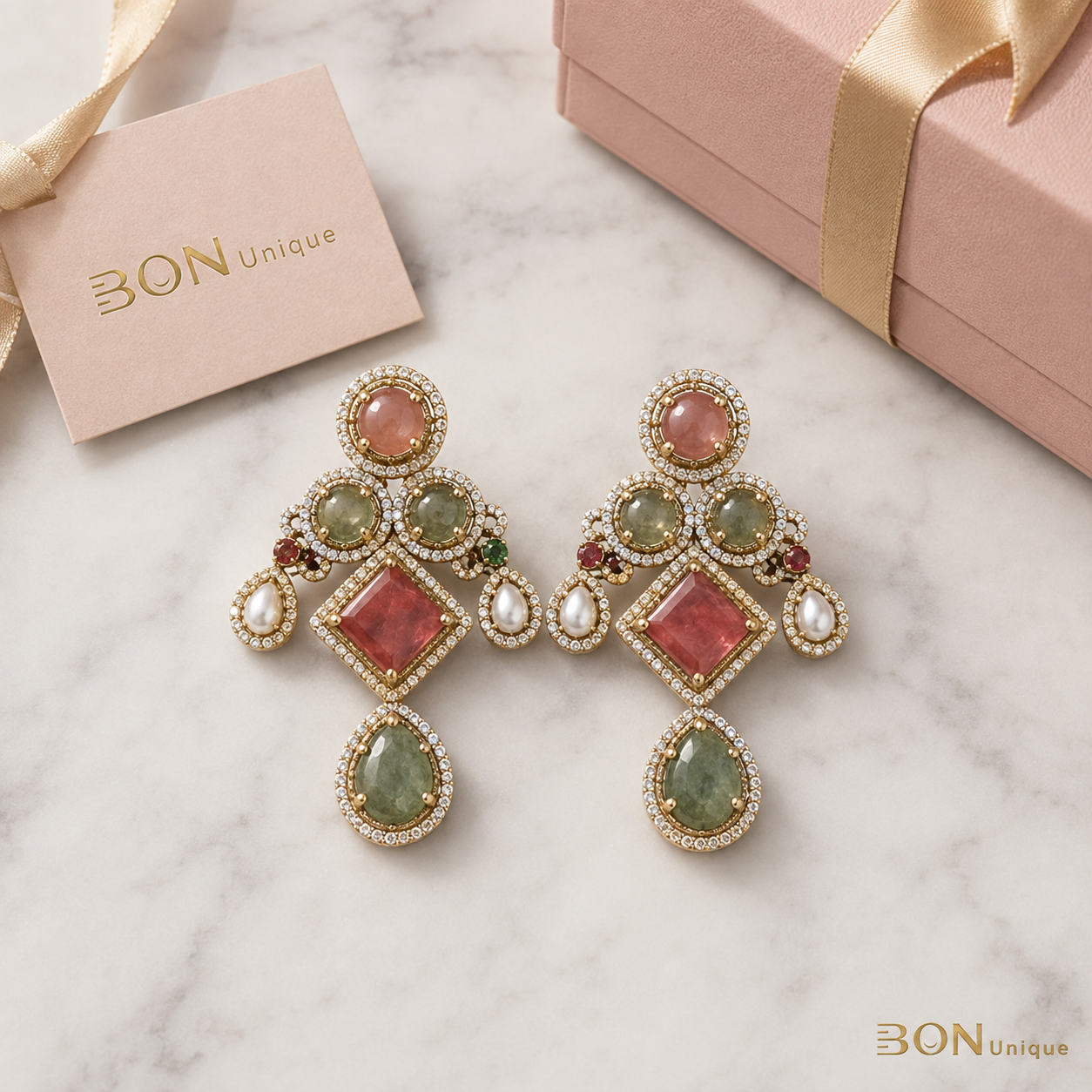 Rose Quartz & Jade Mughal Chandelier Earrings flat lay with BON Unique gift box