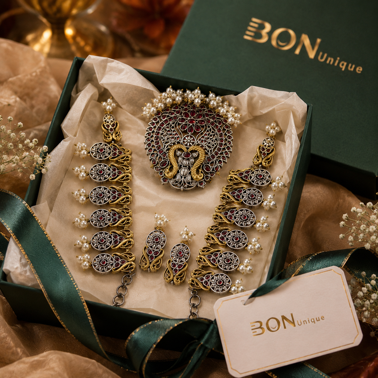 Dual-tone peacock necklace set with ruby stones and earrings in BON Unique signature gift box