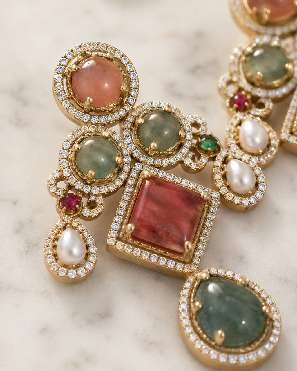 Rose Quartz & Jade Mughal Chandelier Earrings close-up stone detail