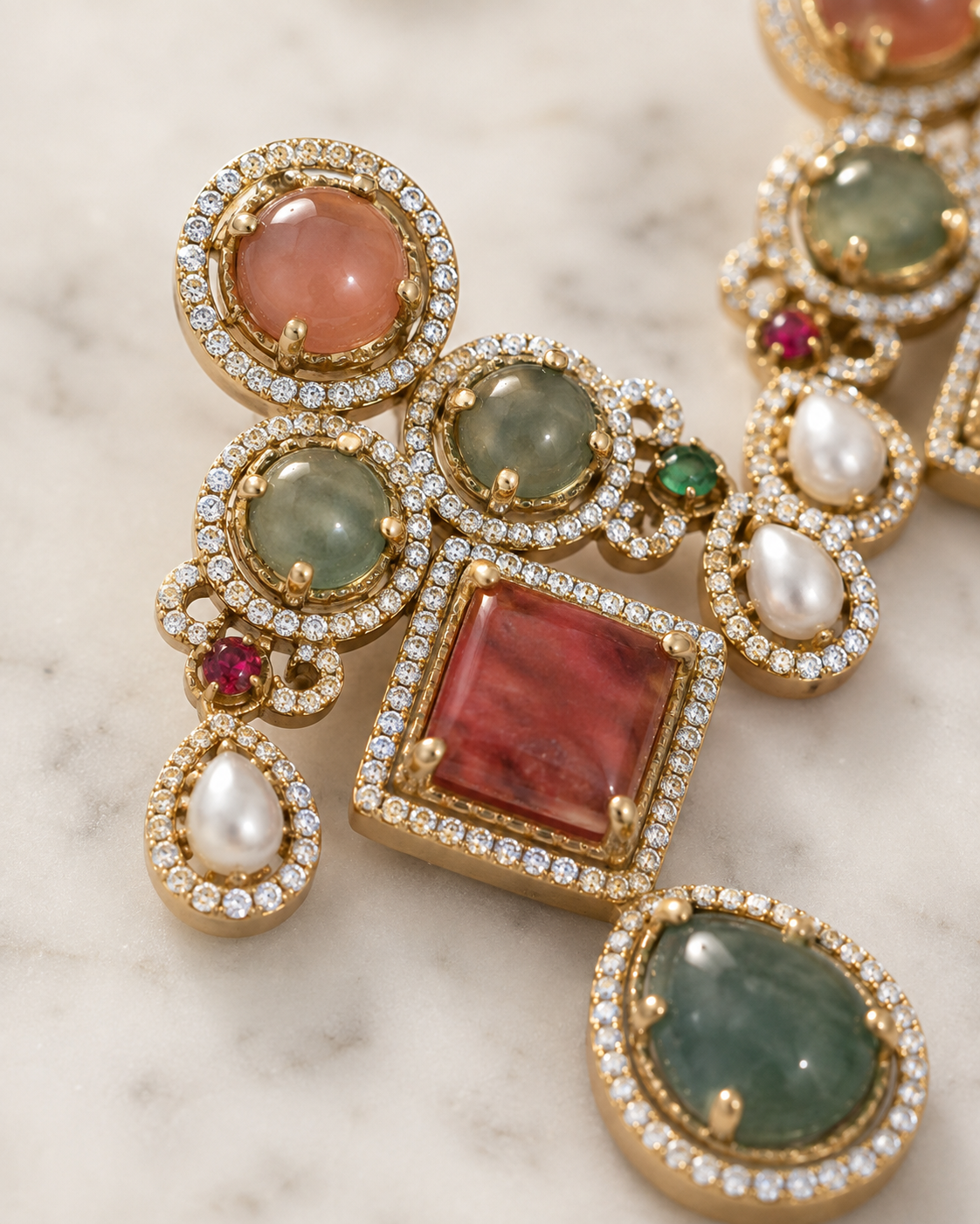 Rose Quartz & Jade Mughal Chandelier Earrings close-up stone detail