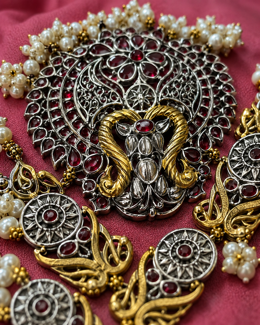Close-up of dual-tone peacock pendant with ruby stones and filigree mandala detailing