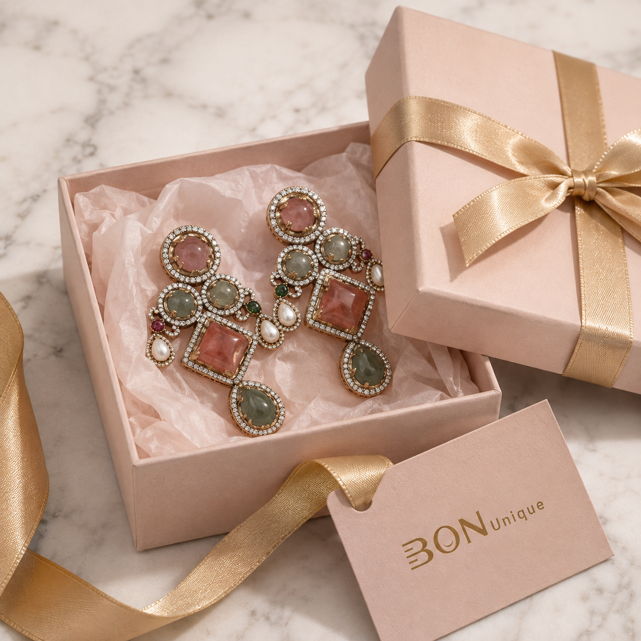 Rose Quartz & Jade Mughal Chandelier Earrings in BON Unique gift box