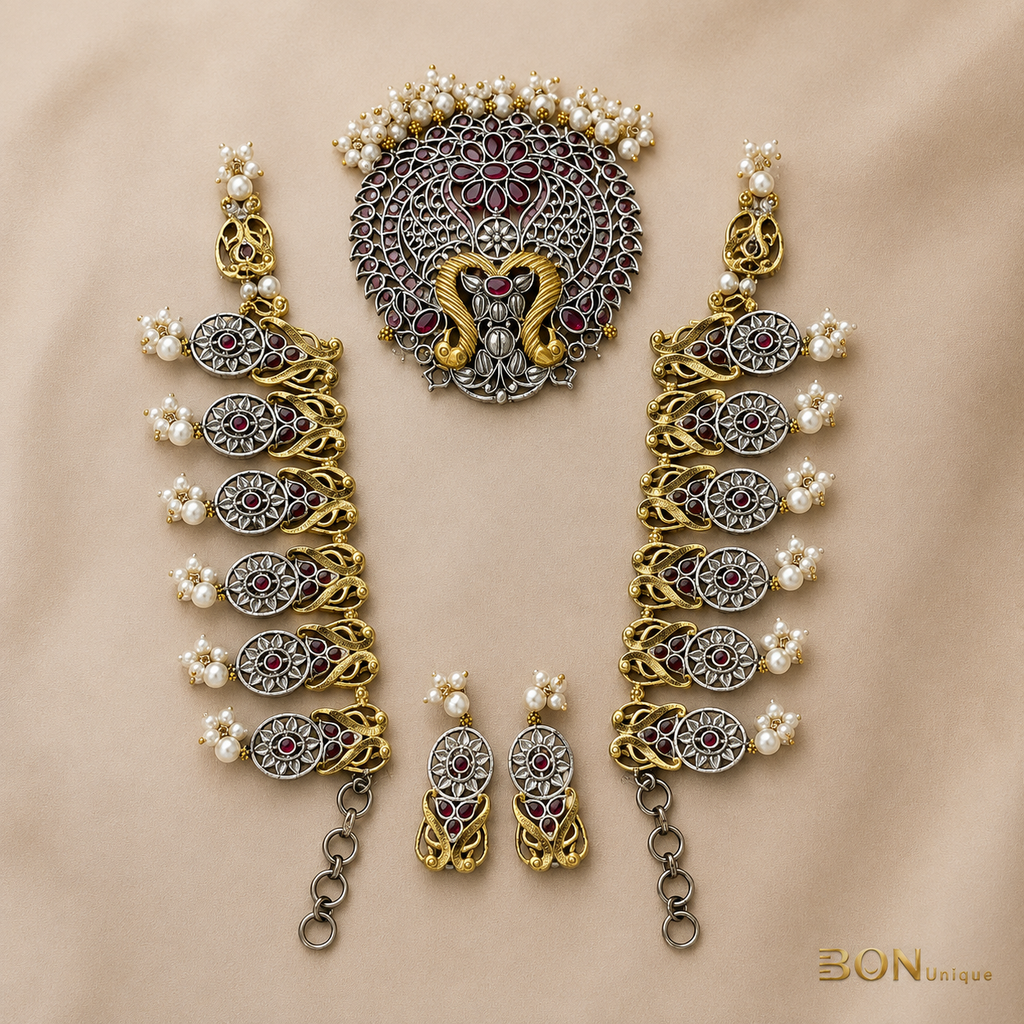 Full set view of dual-tone peacock long necklace with ruby medallion links, pearl drops and matching earrings