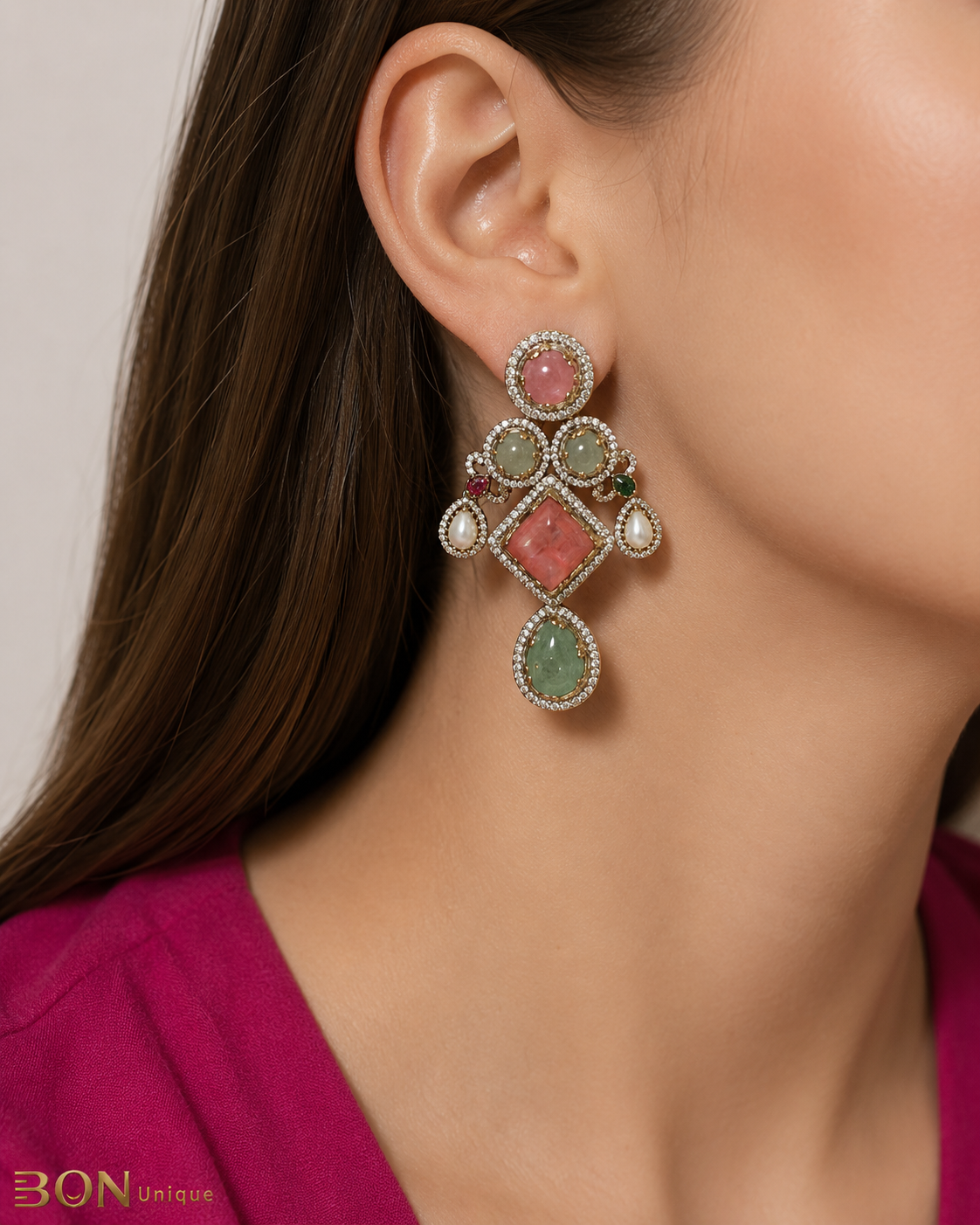 Model wearing Rose Quartz & Jade Mughal Chandelier Earrings