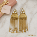 Antique Gold Kundan Tassel Chain Earrings flat lay with BON Unique gift box