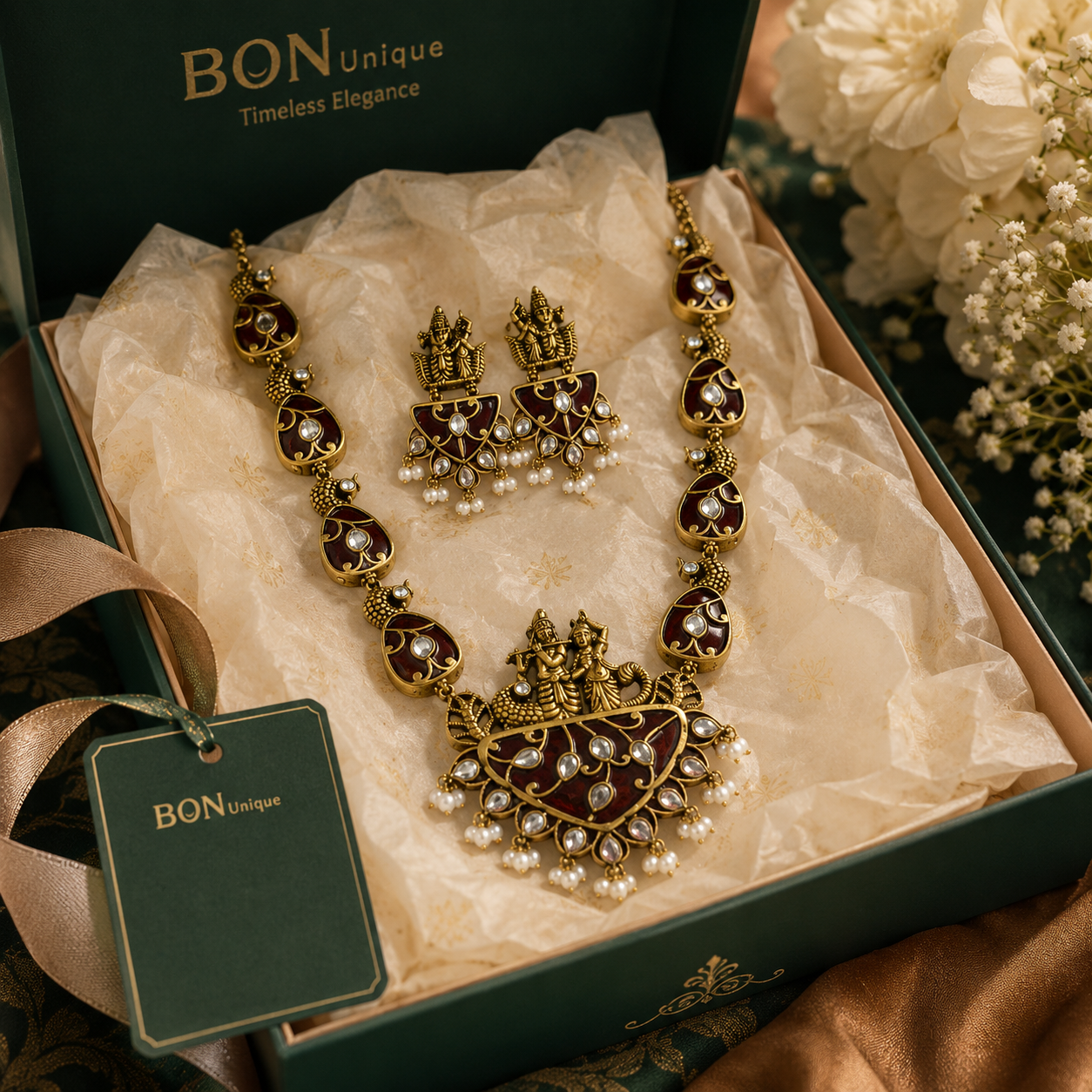 Antique gold Radha-Krishna temple necklace set with Lakshmi earrings in BON Unique signature gift box
