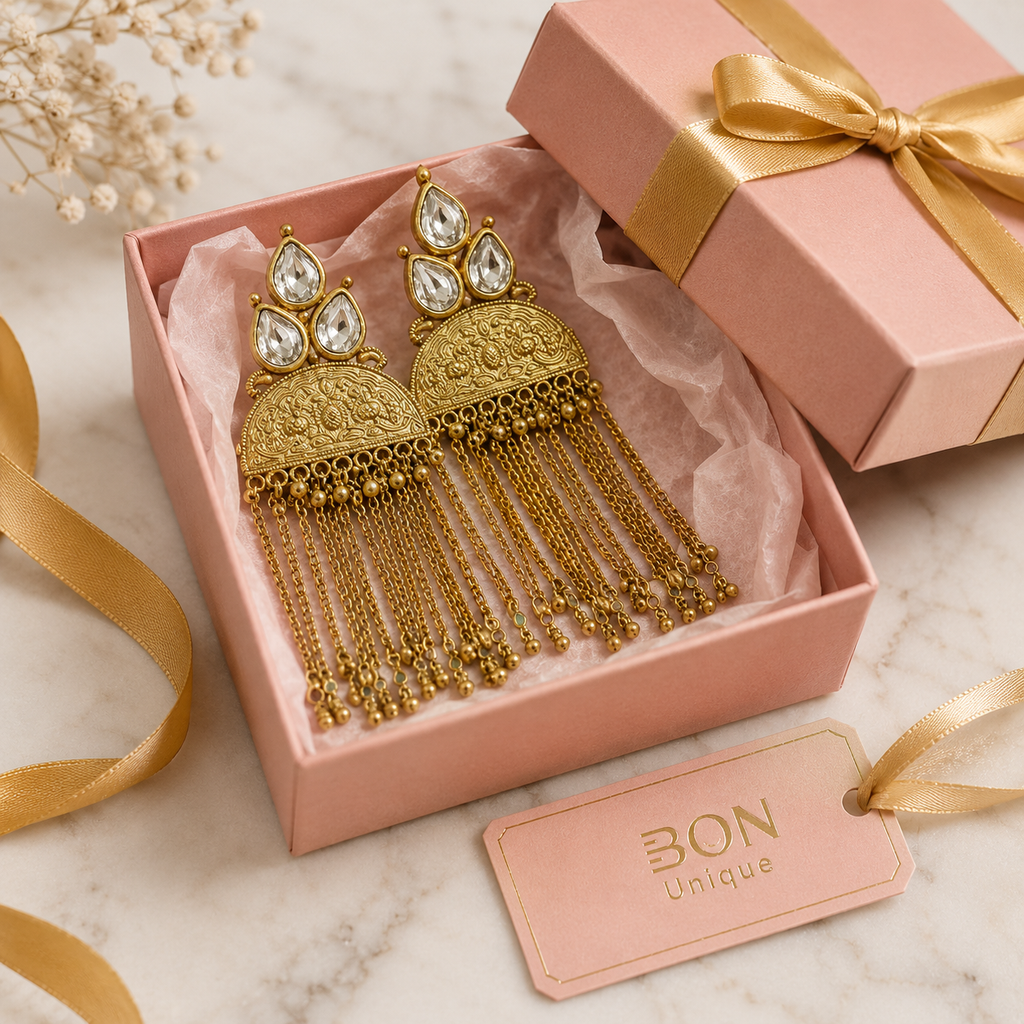 Antique Gold Kundan Tassel Chain Earrings in BON Unique gift box