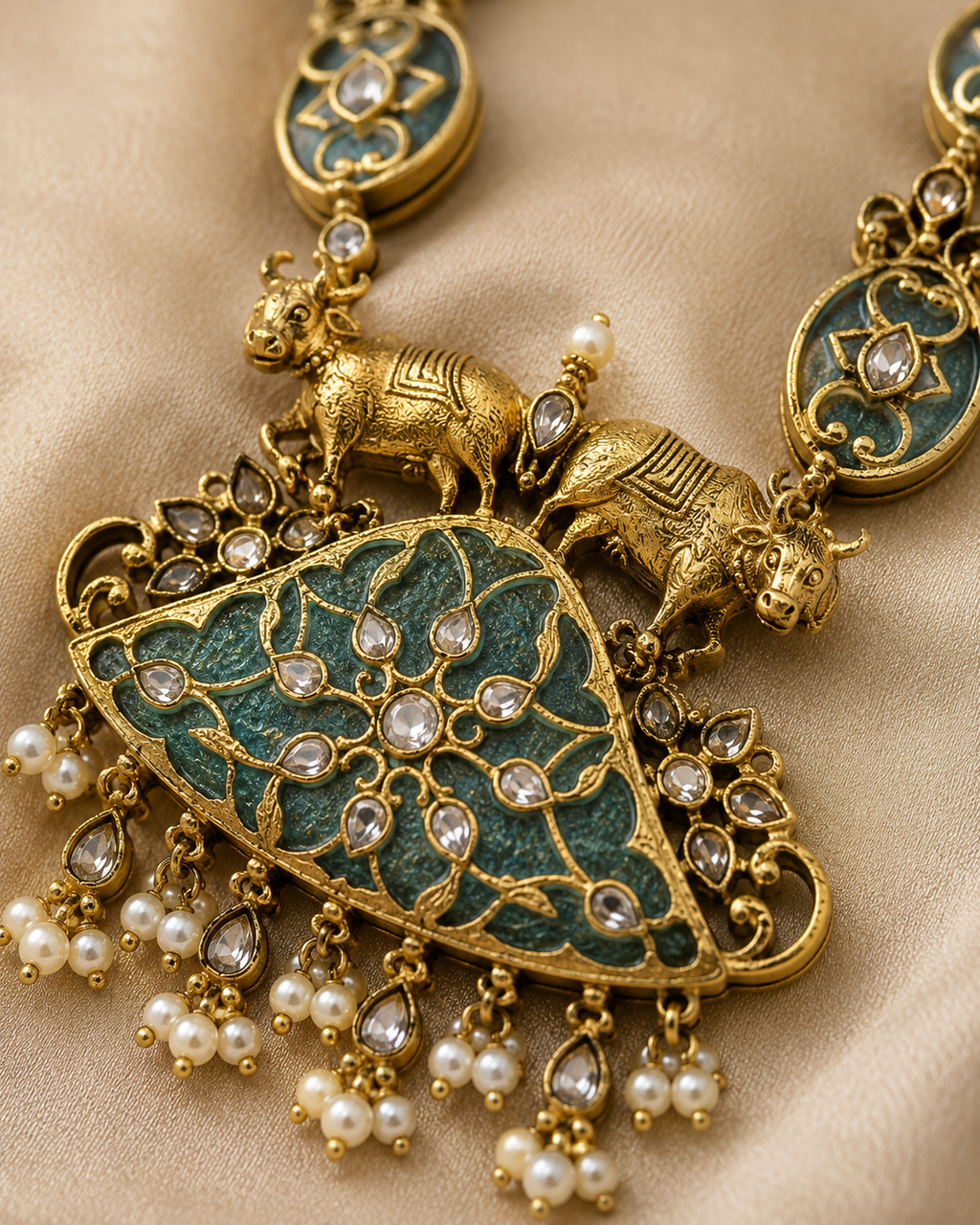 Close-up of dual elephant pendant with teal enamel, polki stones and cascading pearl drops