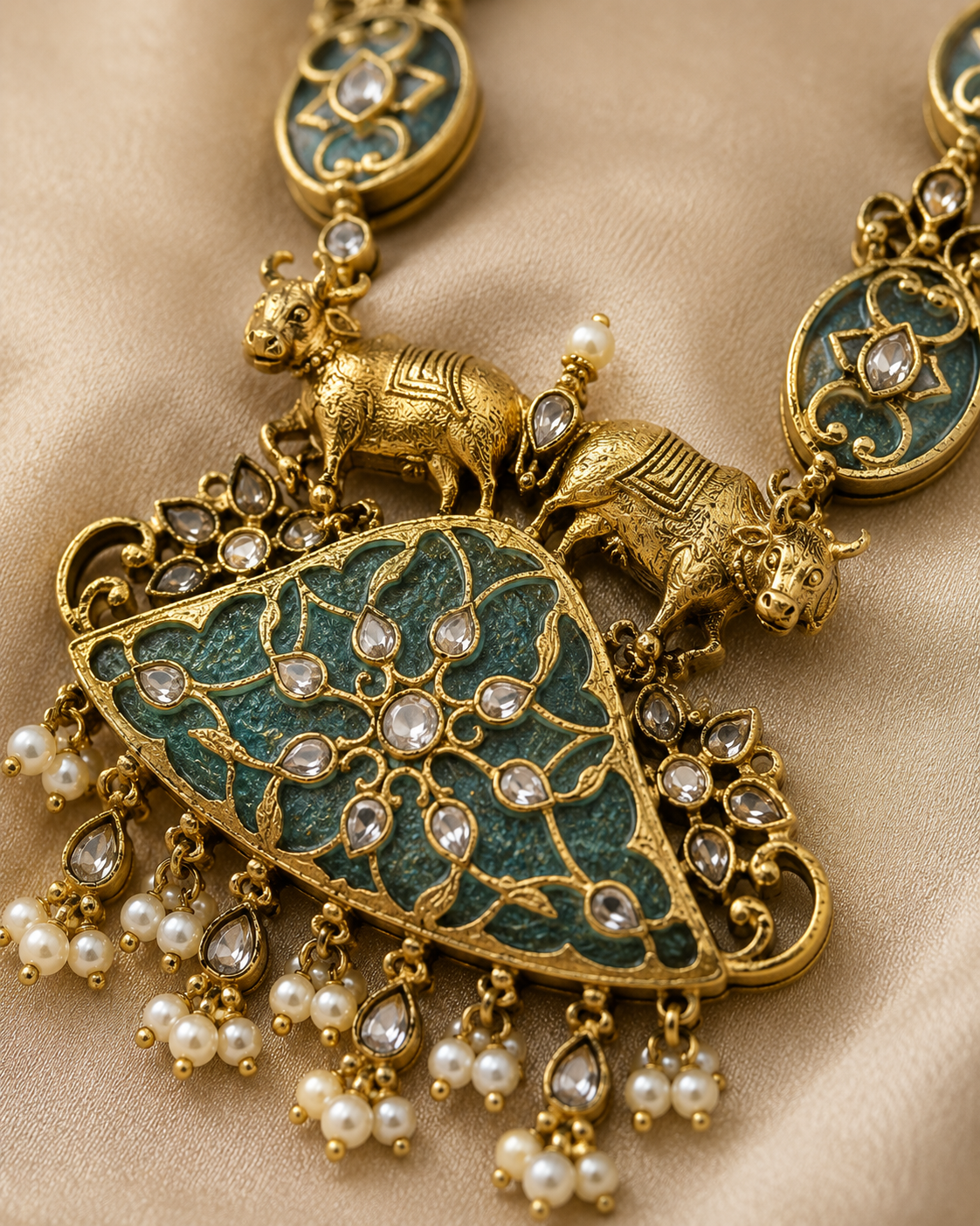 Close-up of dual elephant pendant with teal enamel, polki stones and cascading pearl drops