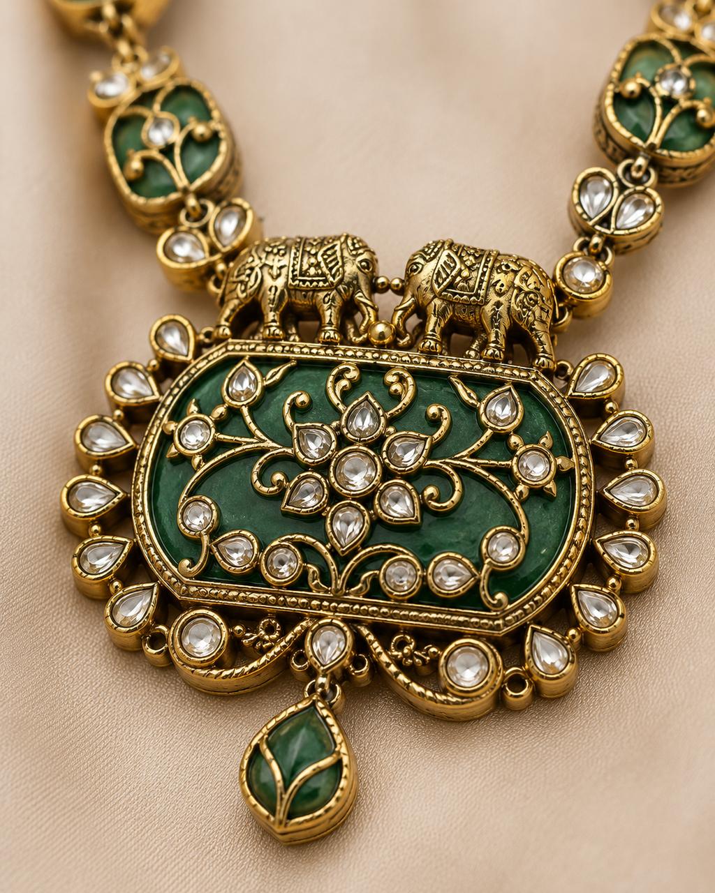 Close-up of antique gold dual elephant pendant with green enamel, polki stones and teardrop drop