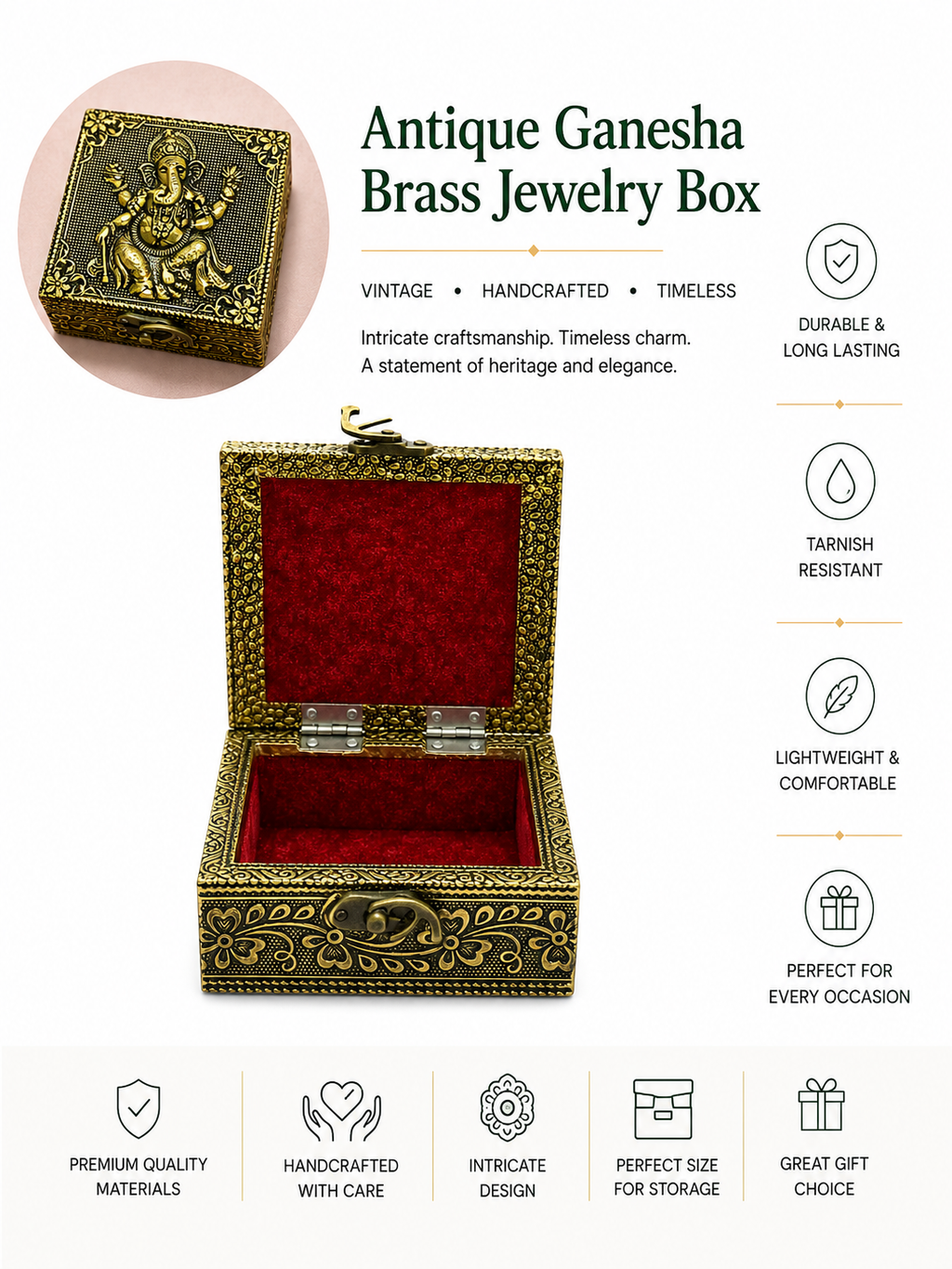 Antique Ganesha Brass Jewelry Box + 10 Pieces of Antique Jewellery