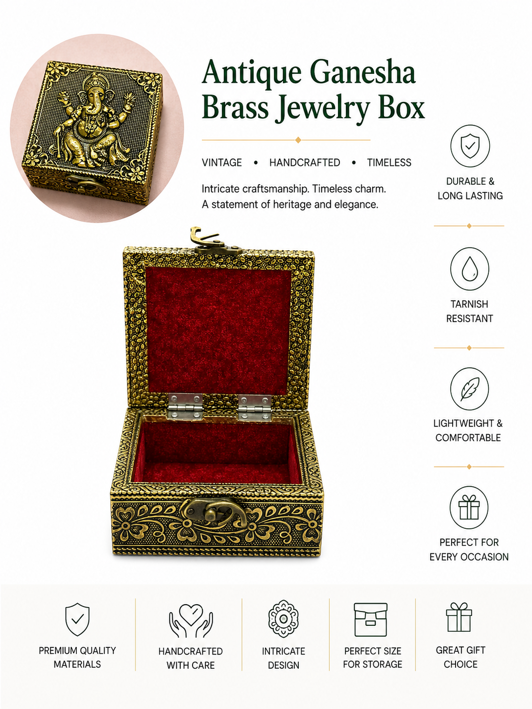Antique Ganesha Brass Jewelry Box + 10 Pieces of Antique Jewellery