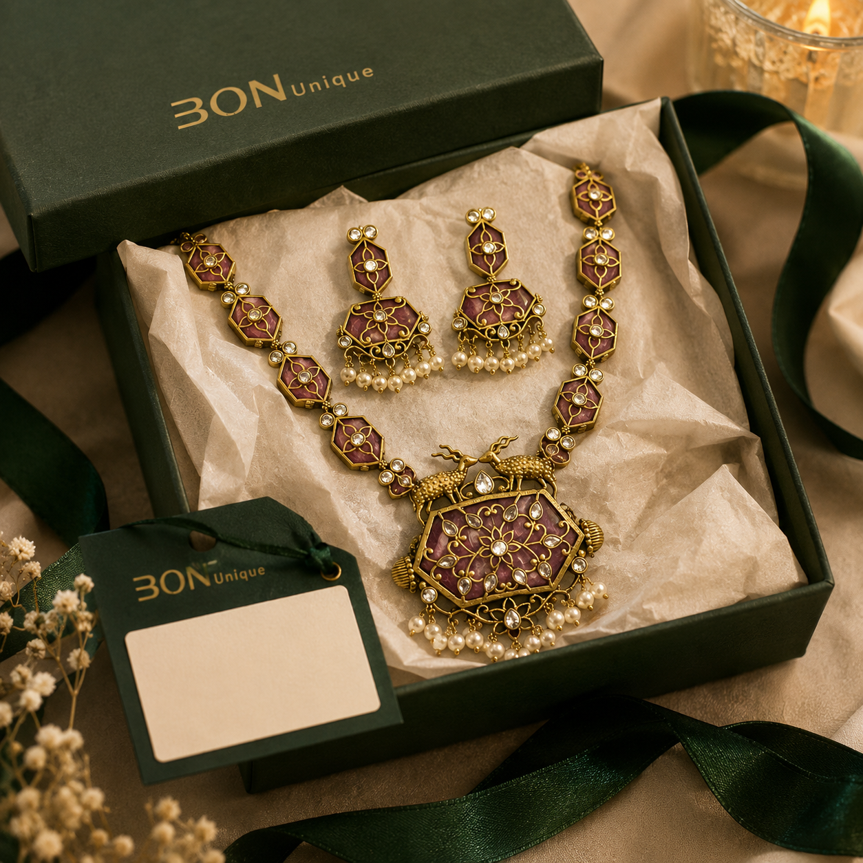 Antique gold dual deer necklace set with mauve enamel and jhumka earrings in BON Unique signature gift box
