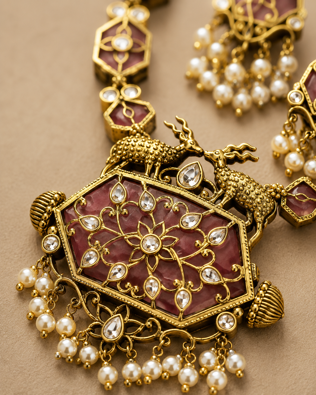 Close-up of antique gold dual deer pendant with mauve enamel, polki stones and cascading pearl drops