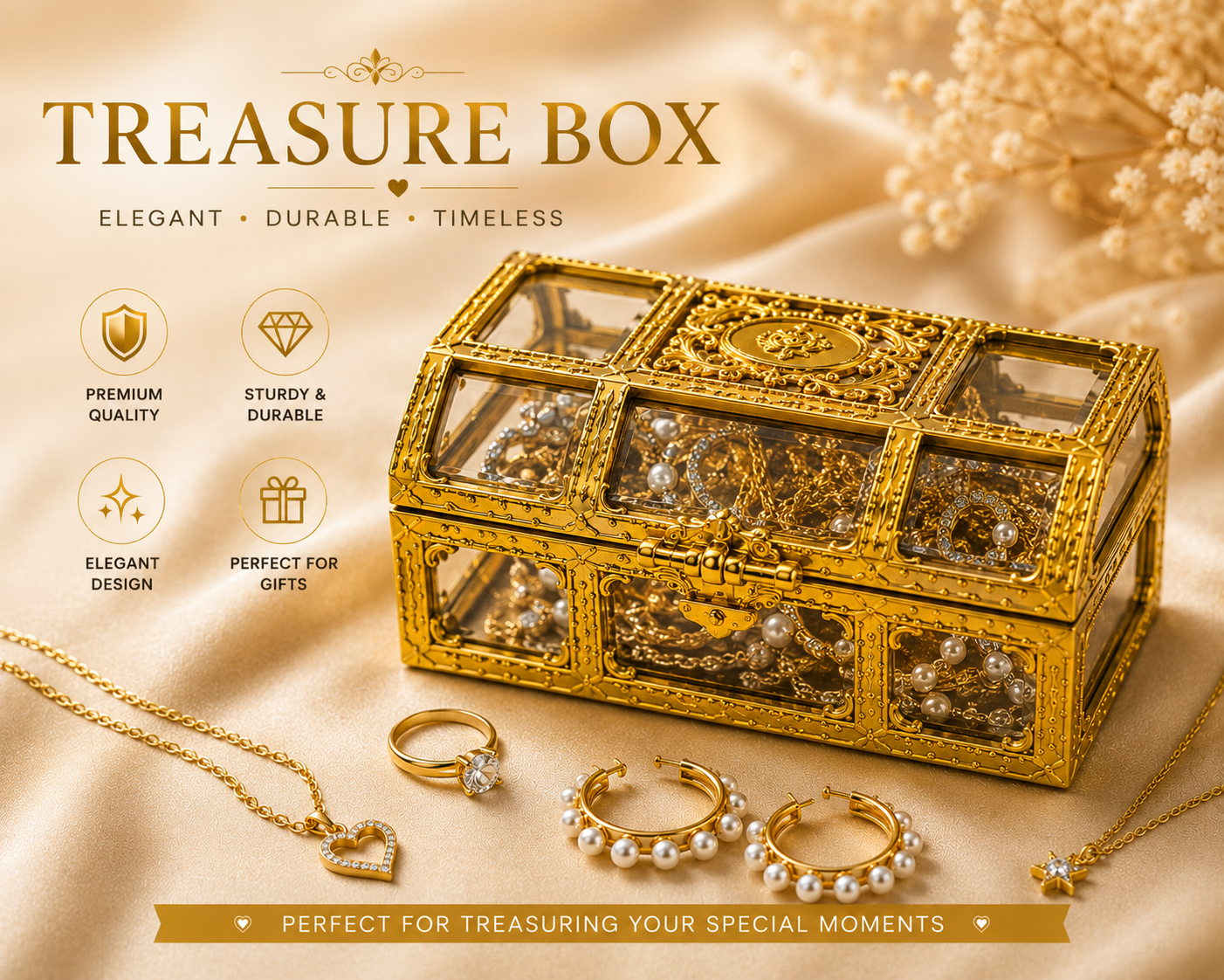 Gold Treasure Chest Jewellery Box