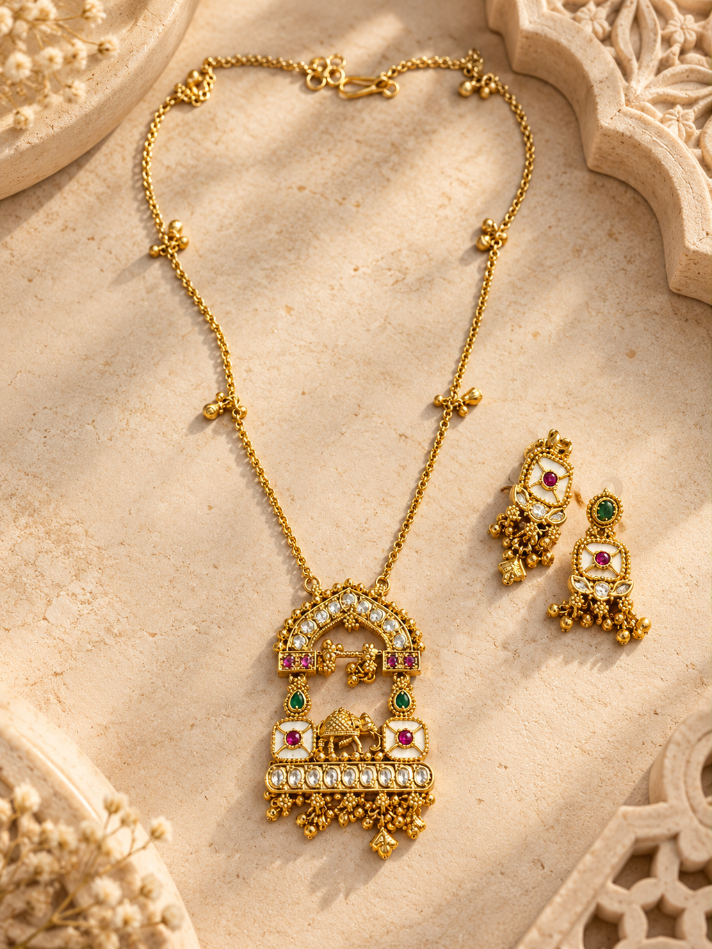 Traditional necklace set with matching earrings displayed on a decorative background