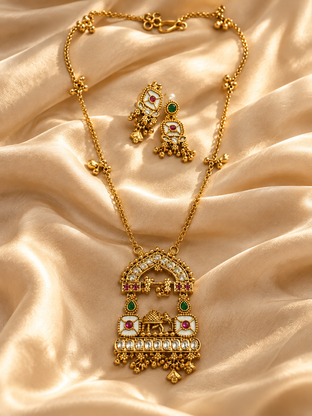 Traditional necklace and matching earrings displayed on satin fabric