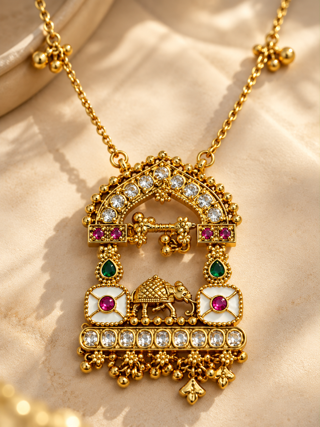 Close-up of the traditional necklace pendant with elephant motif and colorful stones