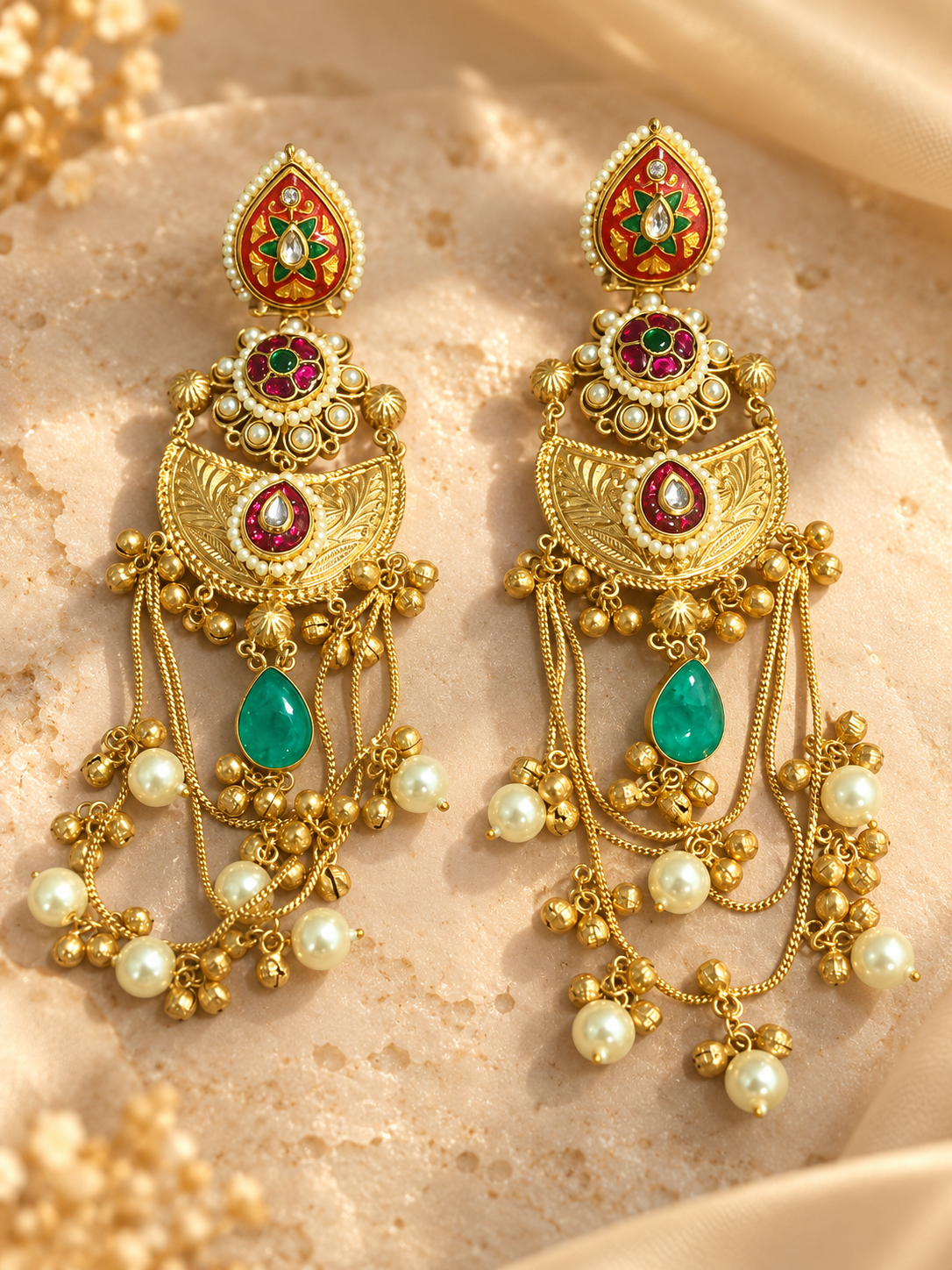 Pair of traditional pearl drop earrings with red green and gold-tone details