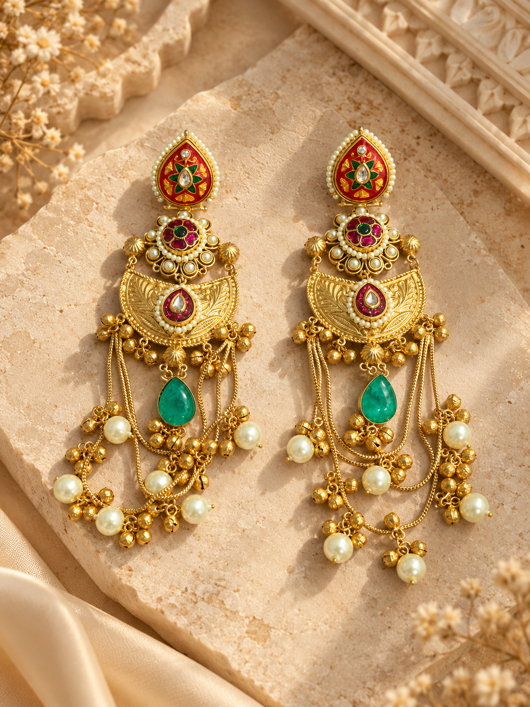 Close-up of traditional pearl drop earrings with hanging chains