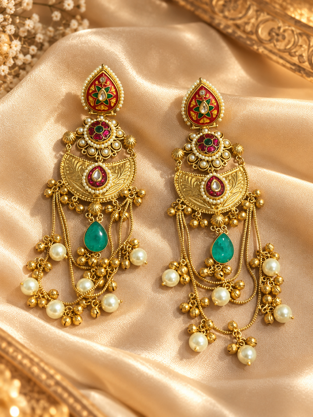 Traditional pearl drop earrings displayed on satin fabric
