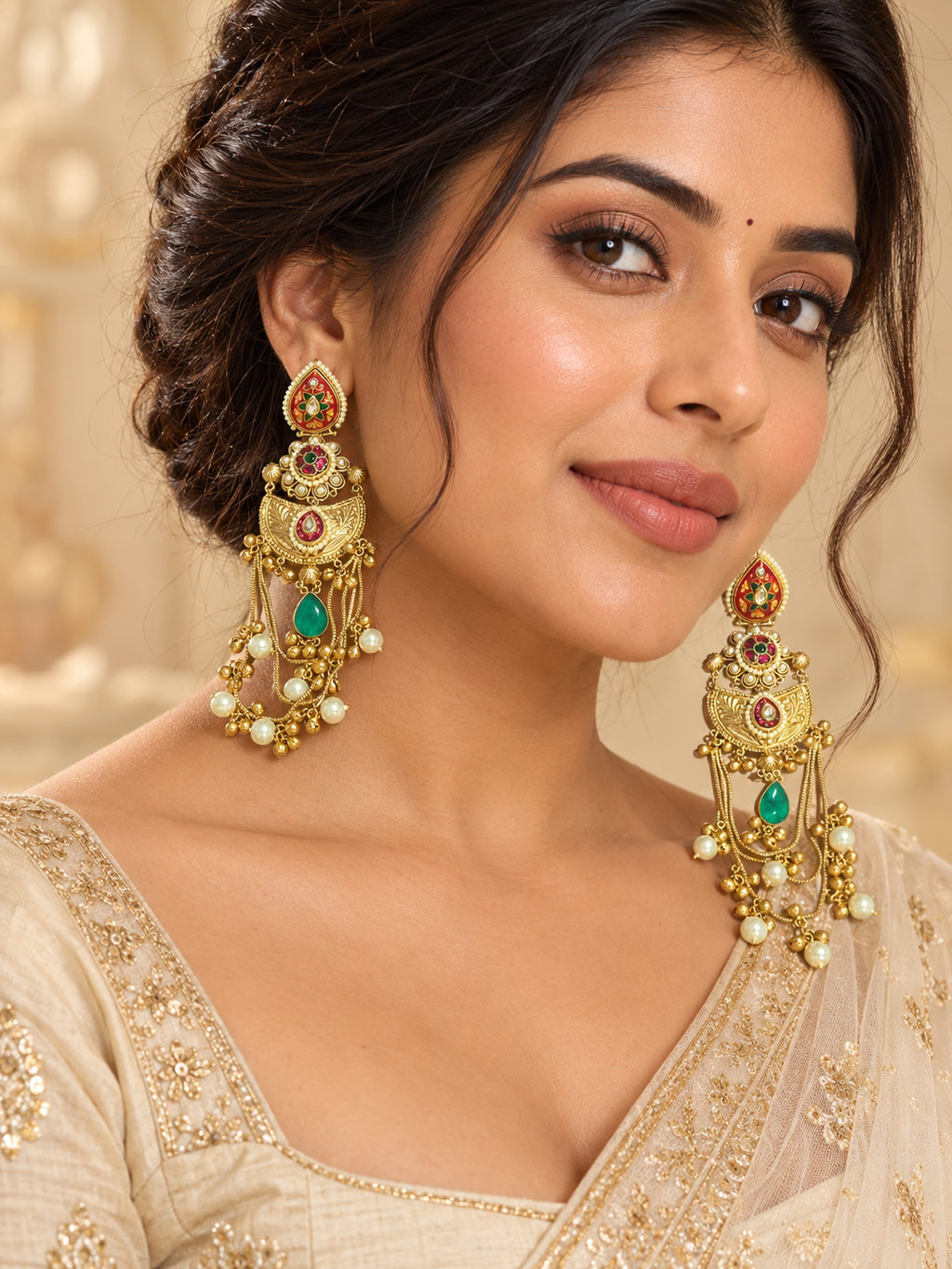 Traditional pearl earrings worn with ethnic attire