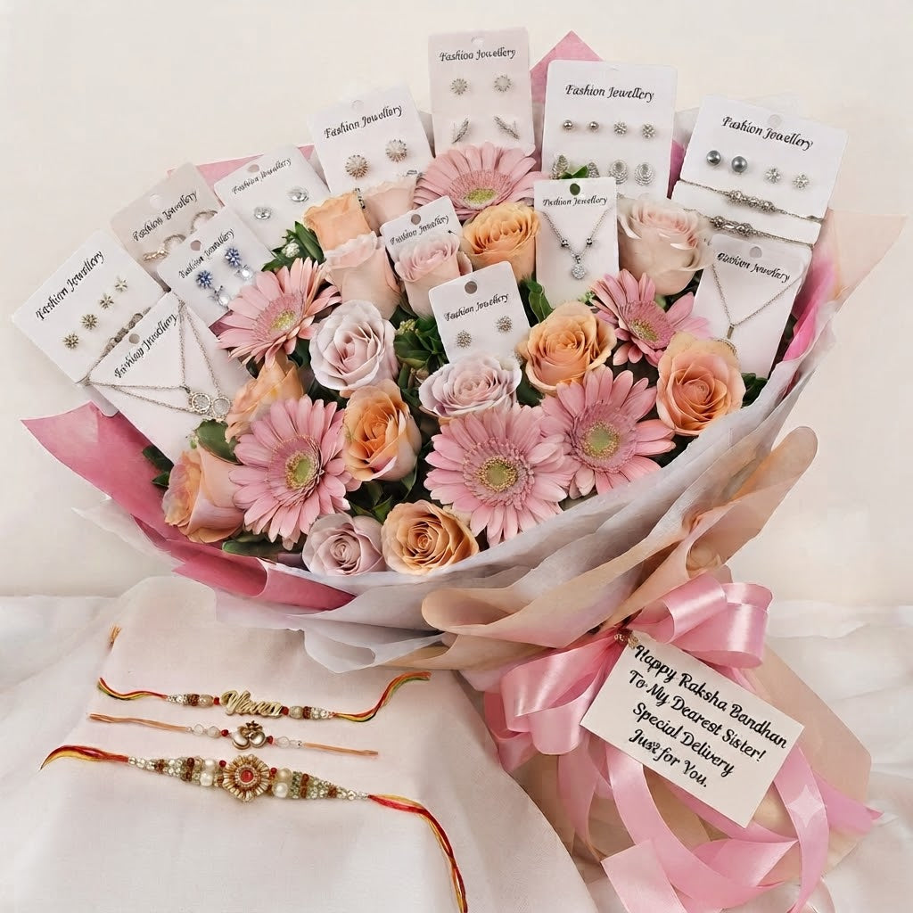 Jewellery Flower Bouquet || Classic Bouquet — 10 jewellery pieces + real flowers |